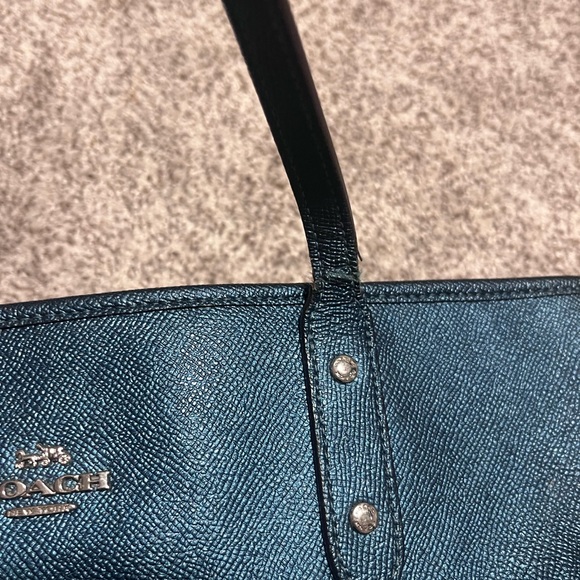 Coach Blue Pebbled Leather Tote Shoulder Bag Silver Logo Classic Everyday Purse - Picture 8 of 14